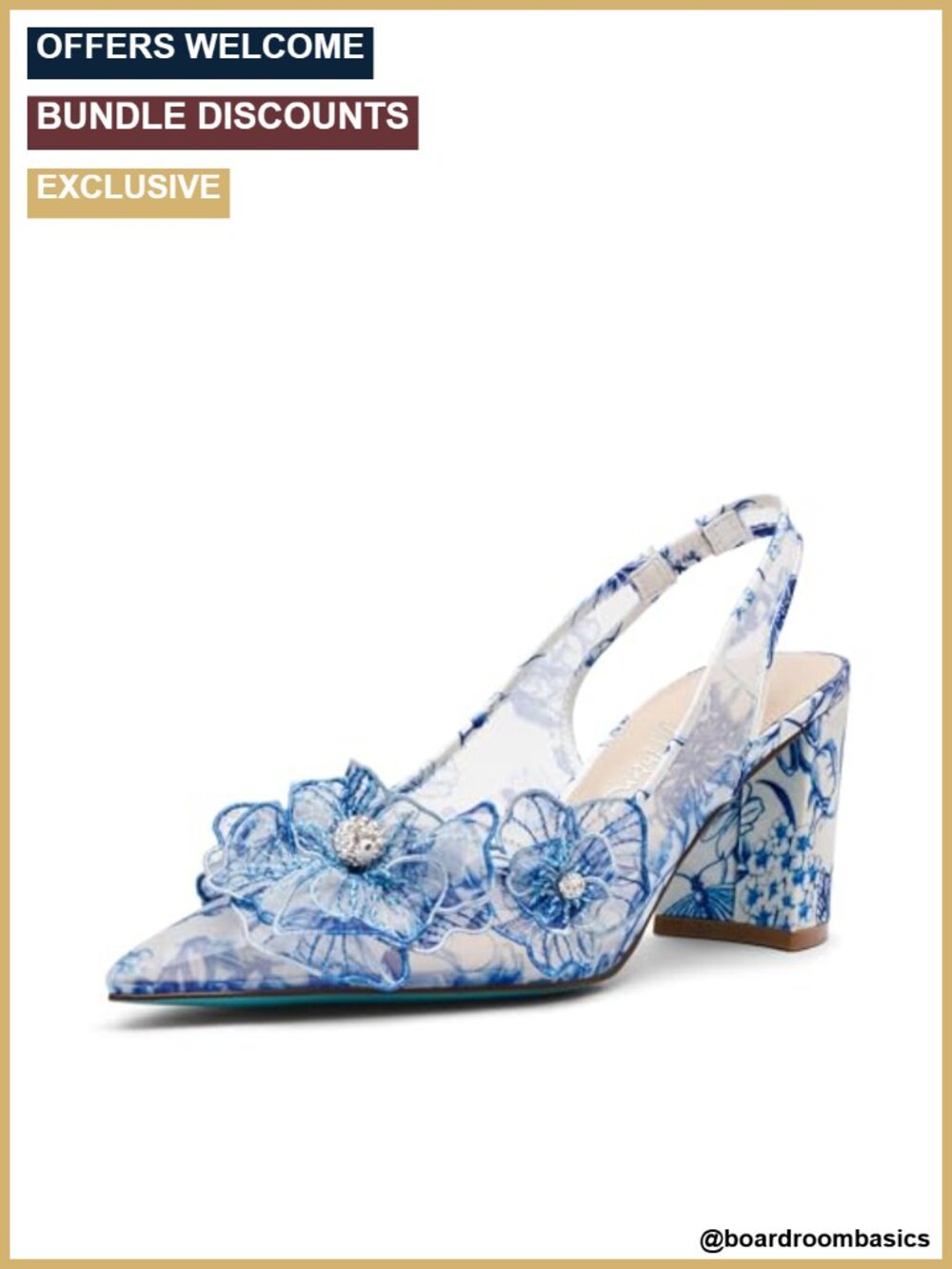 Slingback Pump Pointed Toe Floral Applique 3" Heel Block Heel Mesh